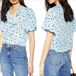 TopShop Blue Ruffle Floral Tea Top Blouse 6 Flower